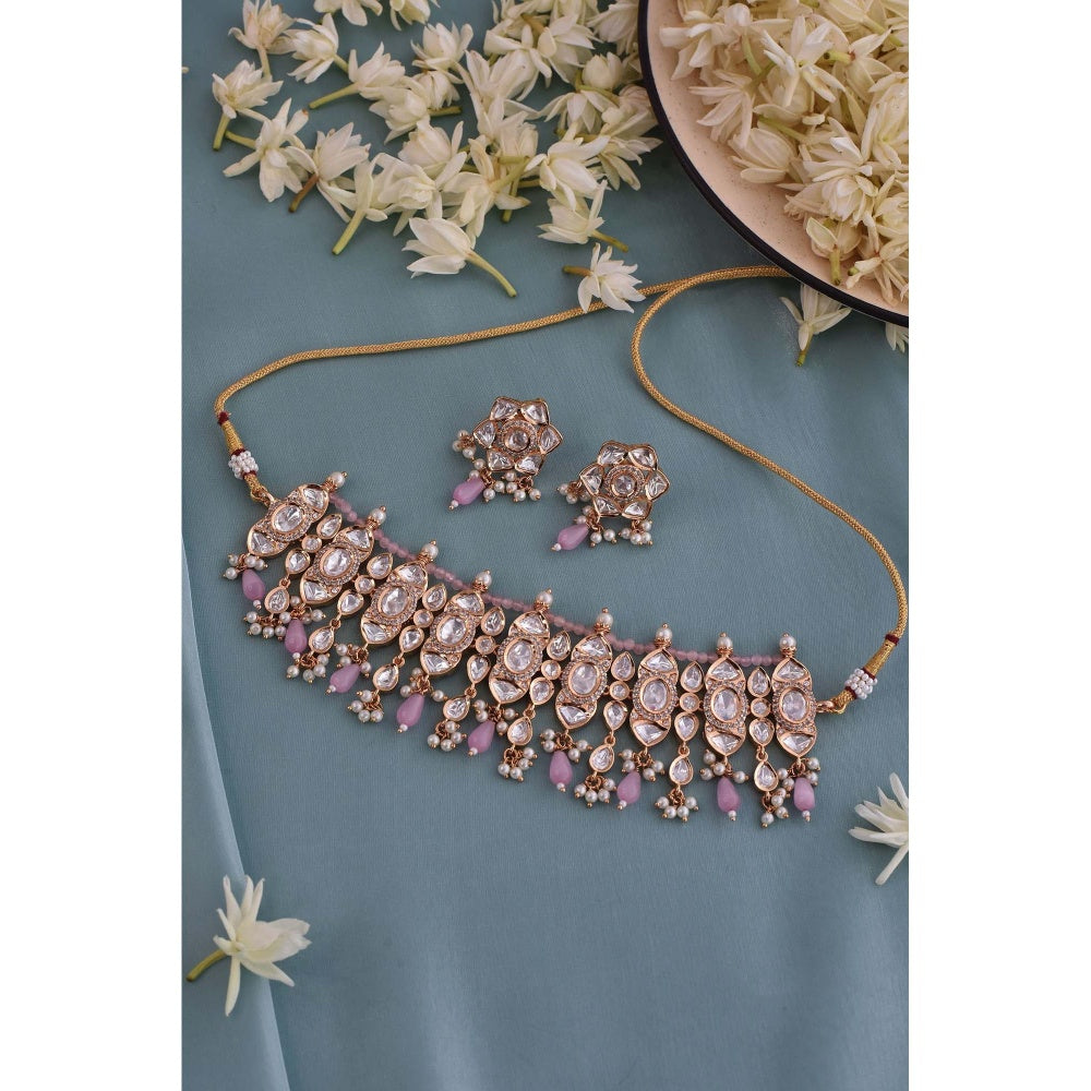 SWABHIMANN Norah Pink Gold Plated Polki Choker Necklace with Earrings Set