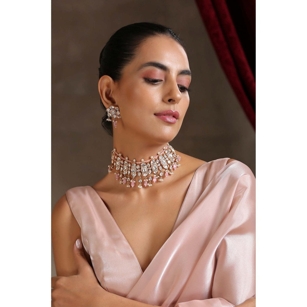 SWABHIMANN Norah Pink Gold Plated Polki Choker Necklace with Earrings Set
