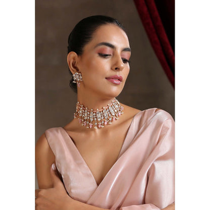 SWABHIMANN Norah Pink Gold Plated Polki Choker Necklace with Earrings Set