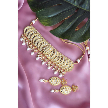 SWABHIMANN Vamika White Gold Plated Kundan Choker Necklace with Earrings Set