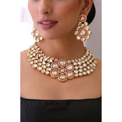SWABHIMANN Sumaira Red Gold Plated Kundan Necklace with Earrings Set