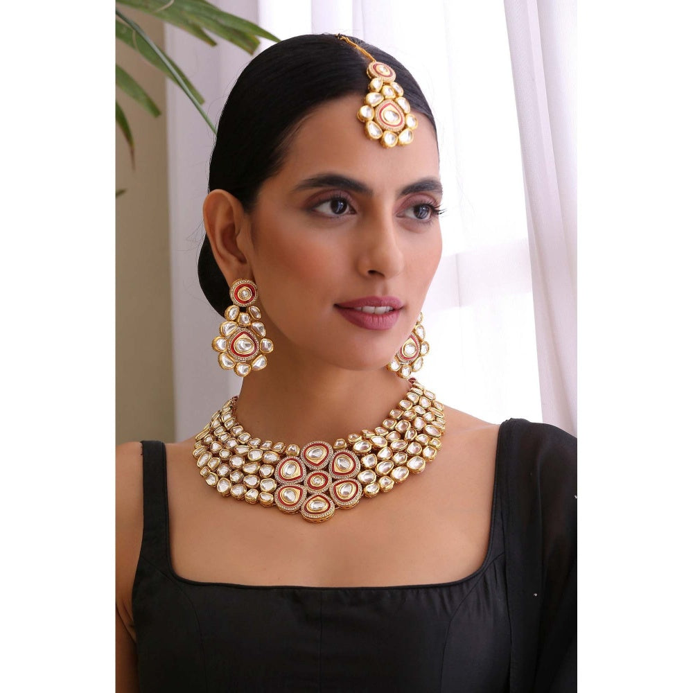 SWABHIMANN Sumaira Red Gold Plated Kundan Necklace with Earrings Set