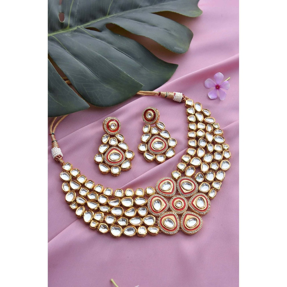 SWABHIMANN Sumaira Red Gold Plated Kundan Necklace with Earrings Set