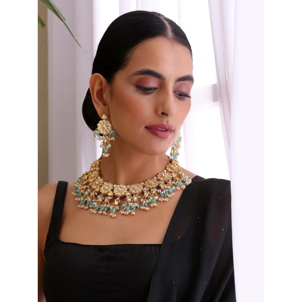 SWABHIMANN Anitraa Green Gold Plated Kundan Necklace with Earrings