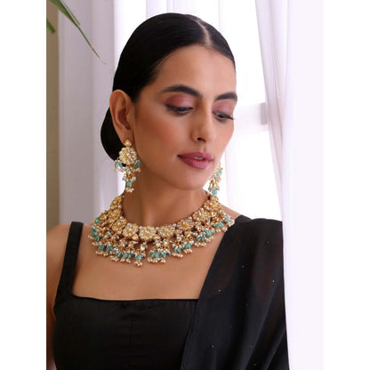 SWABHIMANN Anitraa Green Gold Plated Kundan Necklace with Earrings