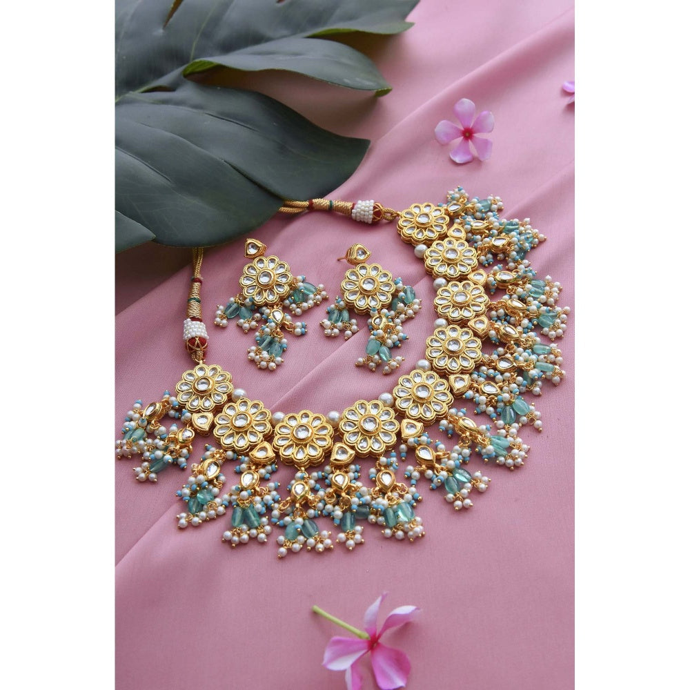 SWABHIMANN Anitraa Green Gold Plated Kundan Necklace with Earrings