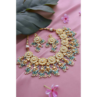 SWABHIMANN Anitraa Green Gold Plated Kundan Necklace with Earrings
