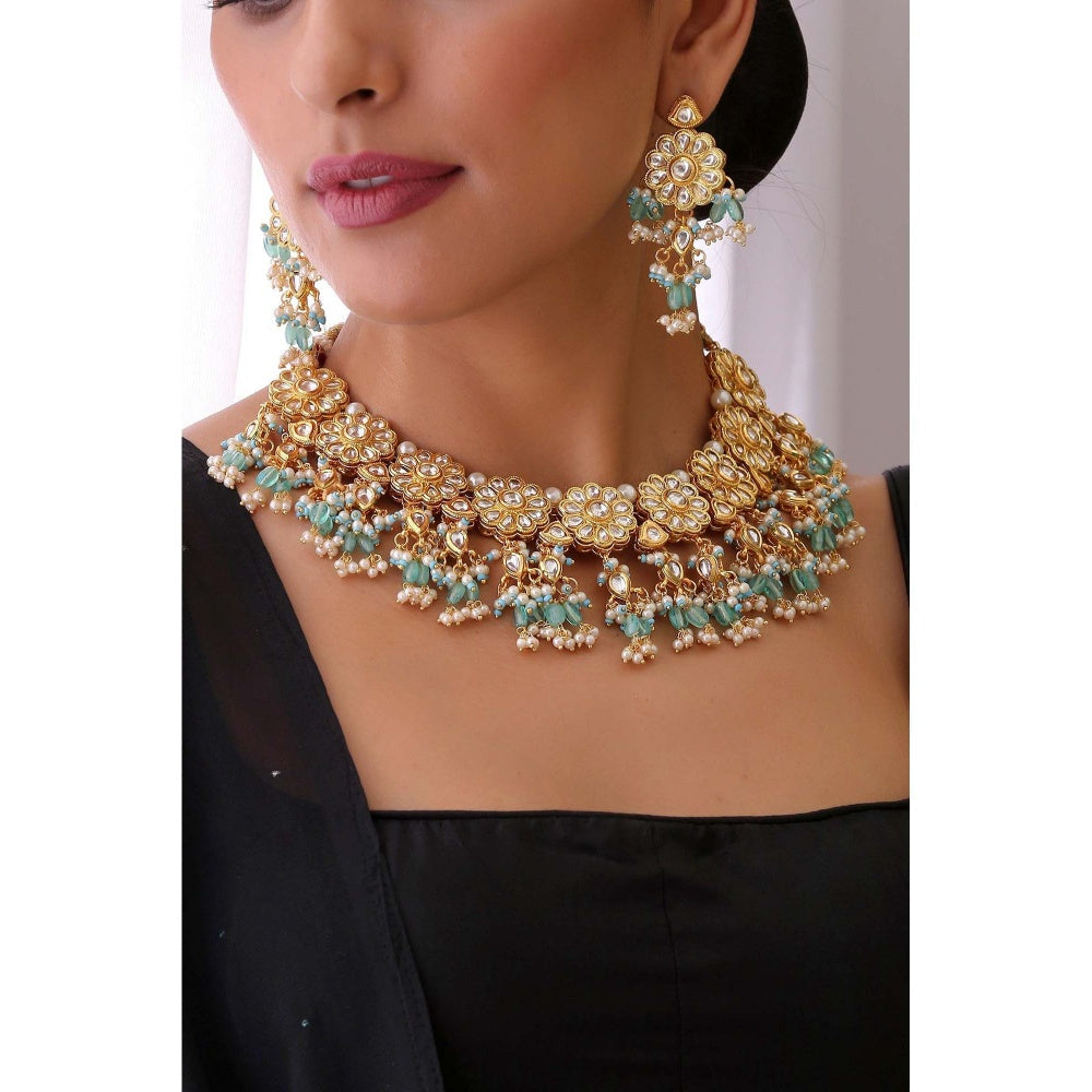 SWABHIMANN Anitraa Green Gold Plated Kundan Necklace with Earrings