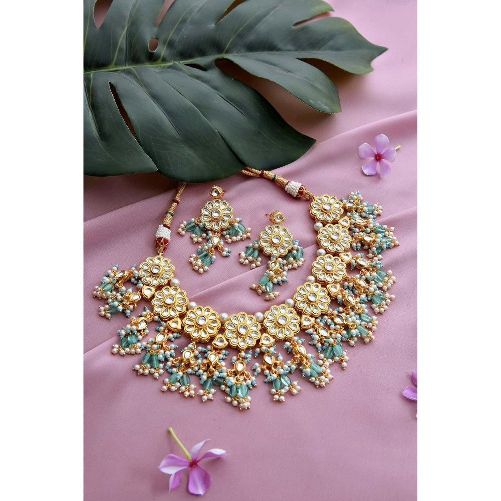 SWABHIMANN Anitraa Green Gold Plated Kundan Necklace with Earrings