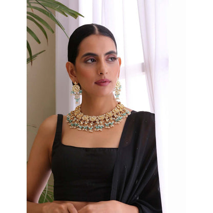 SWABHIMANN Anitraa Green Gold Plated Kundan Necklace with Earrings
