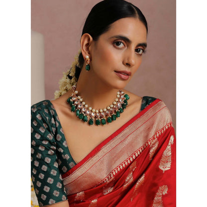 SWABHIMANN Rambia Green Kundan and Pearl Necklace with Earrings Set