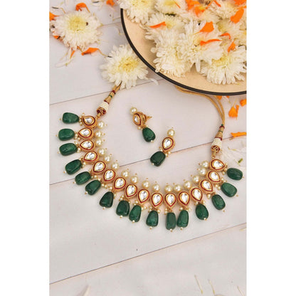 SWABHIMANN Rambia Green Kundan and Pearl Necklace with Earrings Set