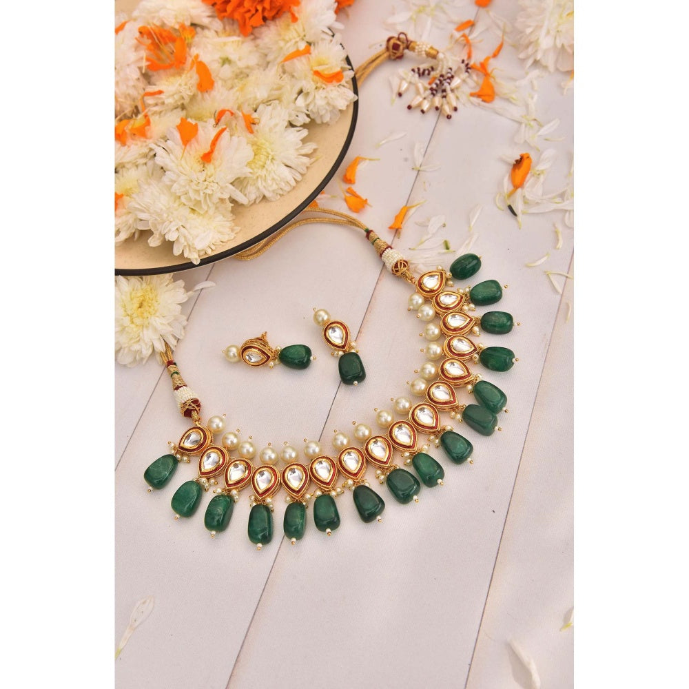 SWABHIMANN Rambia Green Kundan and Pearl Necklace with Earrings Set