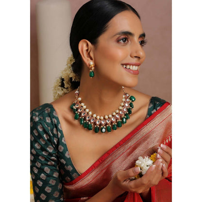 SWABHIMANN Rambia Green Kundan and Pearl Necklace with Earrings Set