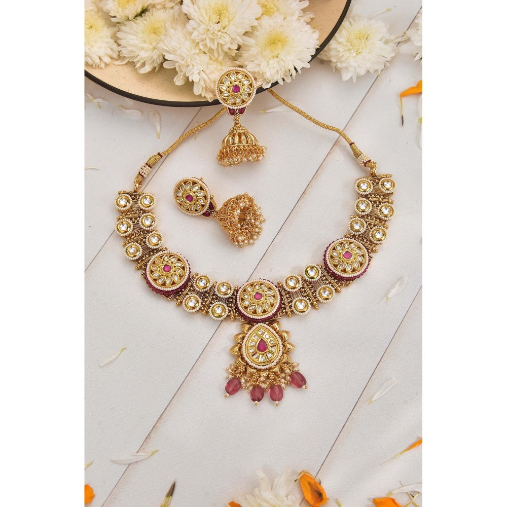 SWABHIMANN Bivashri Red Gold Plated Kundan Necklace Set