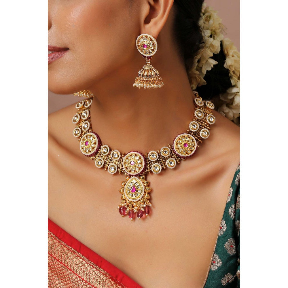SWABHIMANN Bivashri Red Gold Plated Kundan Necklace Set