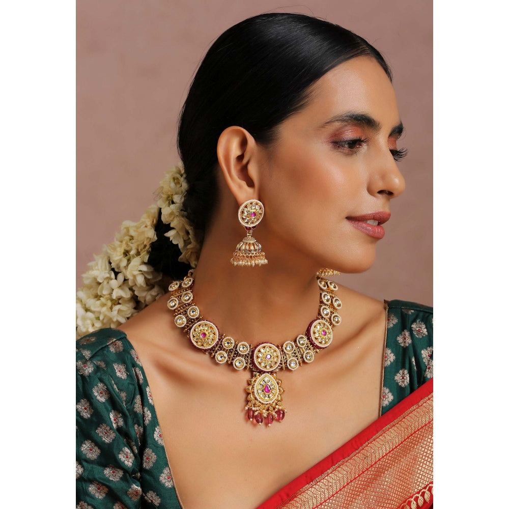 SWABHIMANN Bivashri Red Gold Plated Kundan Necklace Set