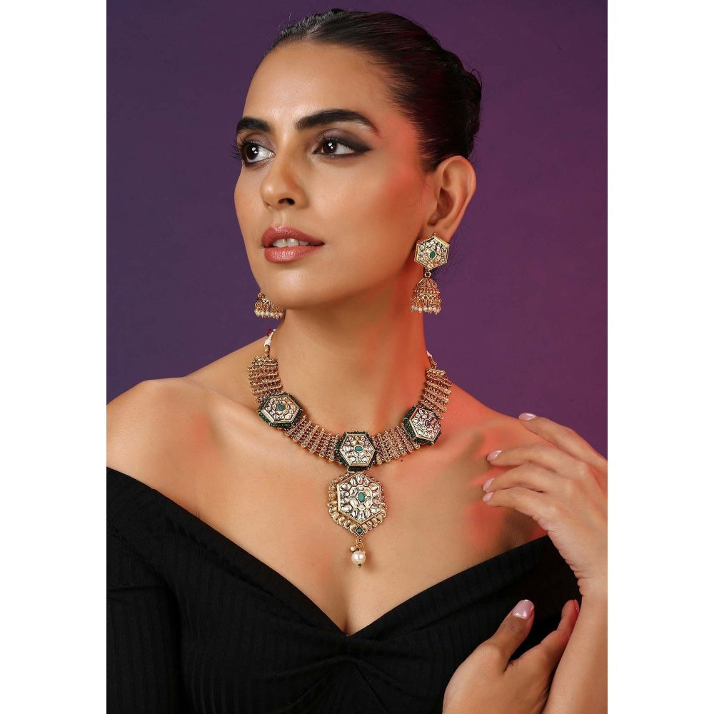 SWABHIMANN Rajshri Green Kundan Temple Necklace with Earrings Set