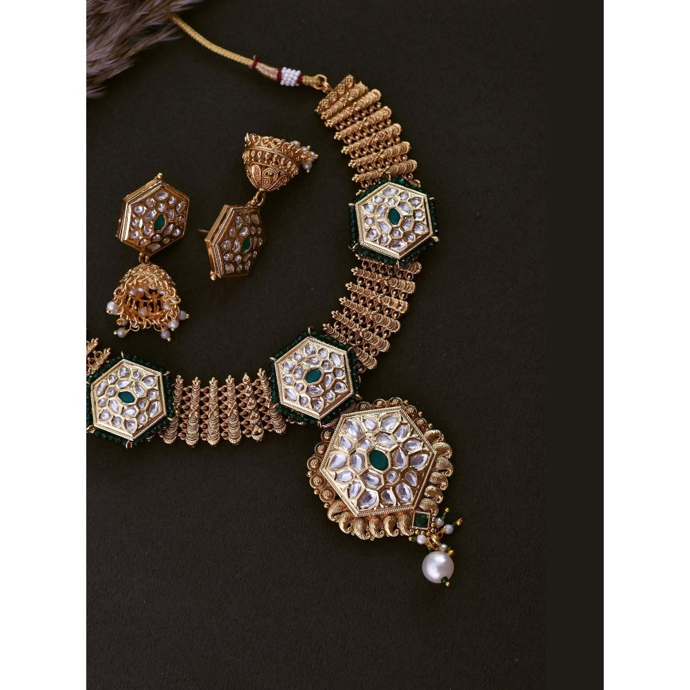 SWABHIMANN Rajshri Green Kundan Temple Necklace with Earrings Set