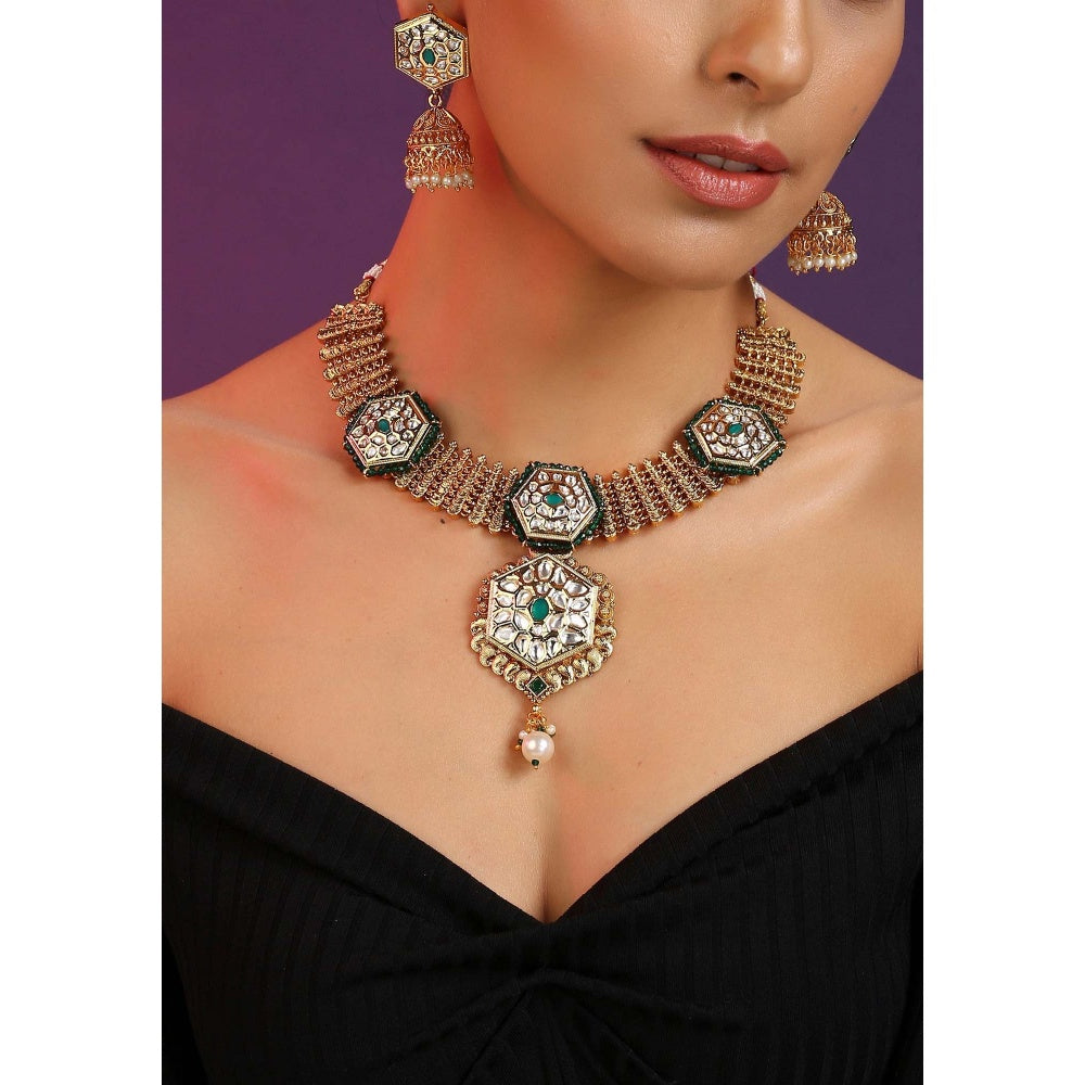 SWABHIMANN Rajshri Green Kundan Temple Necklace with Earrings Set