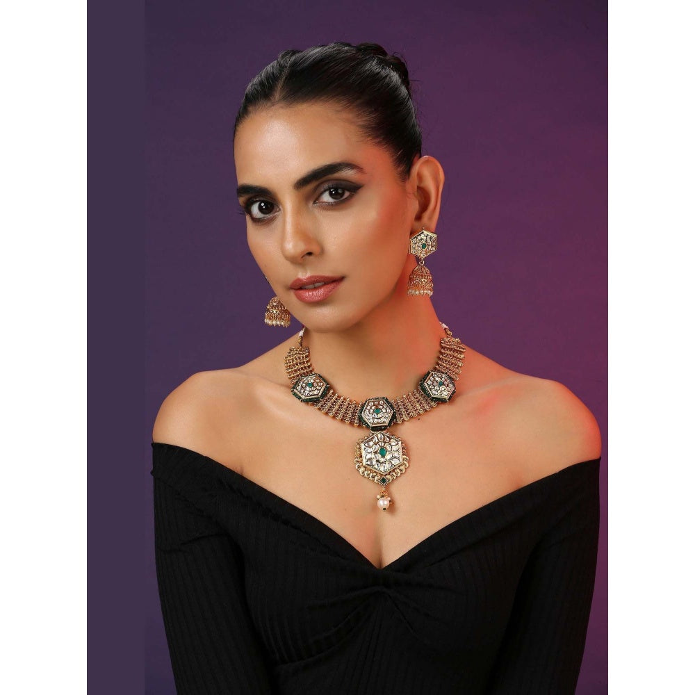 SWABHIMANN Rajshri Green Kundan Temple Necklace with Earrings Set