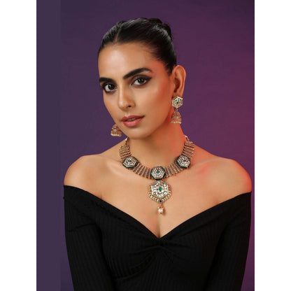 SWABHIMANN Rajshri Green Kundan Temple Necklace with Earrings Set
