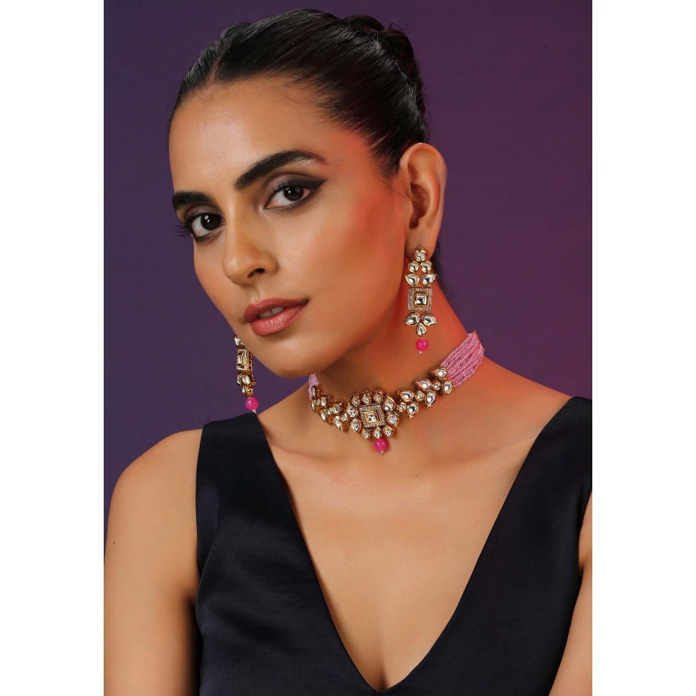 SWABHIMANN Keesha Pink Kundan Choker Necklace with Earrings Set
