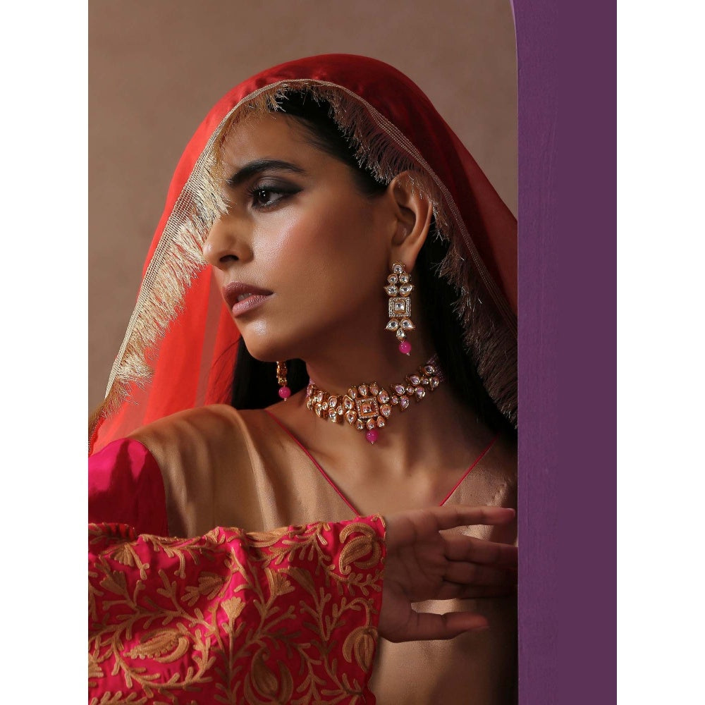 SWABHIMANN Keesha Pink Kundan Choker Necklace with Earrings Set
