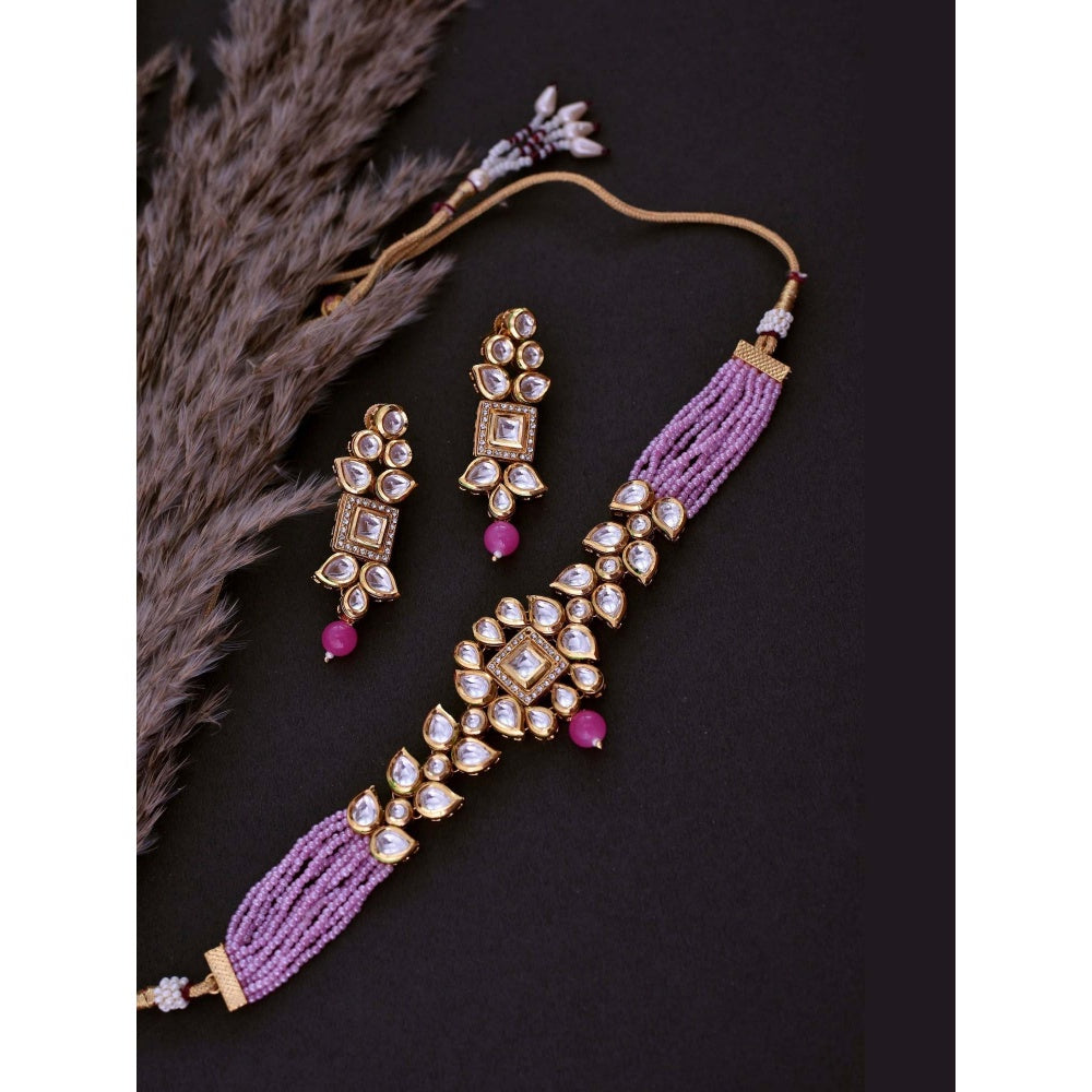 SWABHIMANN Keesha Pink Kundan Choker Necklace with Earrings Set
