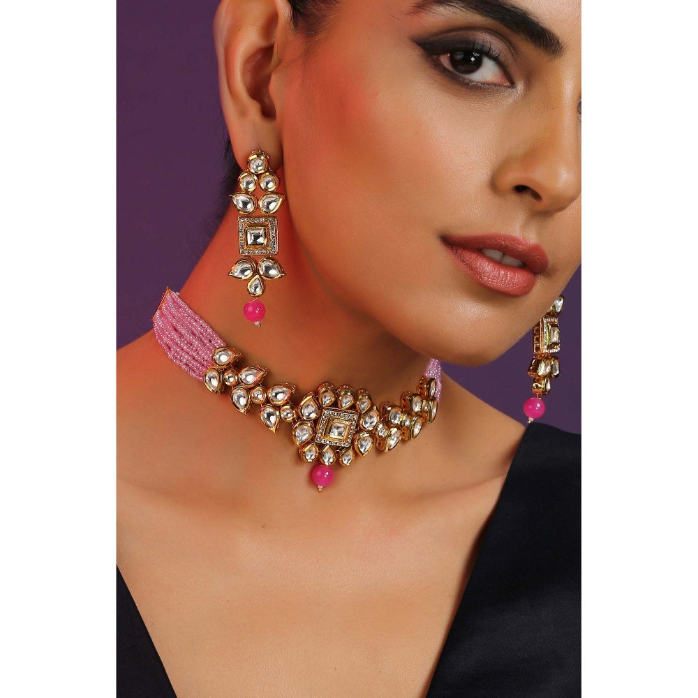 SWABHIMANN Keesha Pink Kundan Choker Necklace with Earrings Set