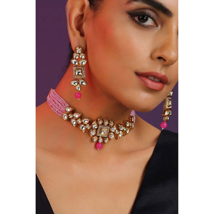 SWABHIMANN Keesha Pink Kundan Choker Necklace with Earrings Set