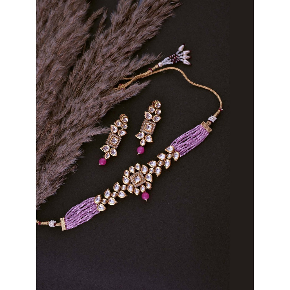 SWABHIMANN Keesha Pink Kundan Choker Necklace with Earrings Set
