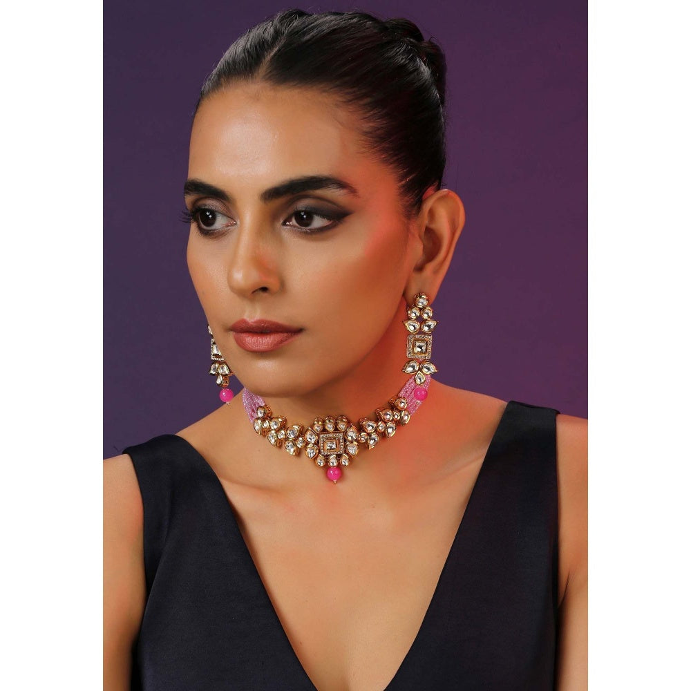 SWABHIMANN Keesha Pink Kundan Choker Necklace with Earrings Set