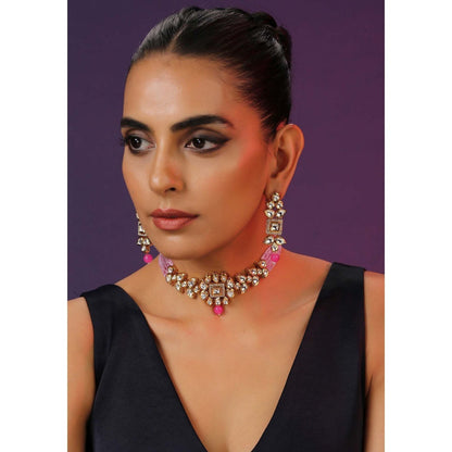 SWABHIMANN Keesha Pink Kundan Choker Necklace with Earrings Set