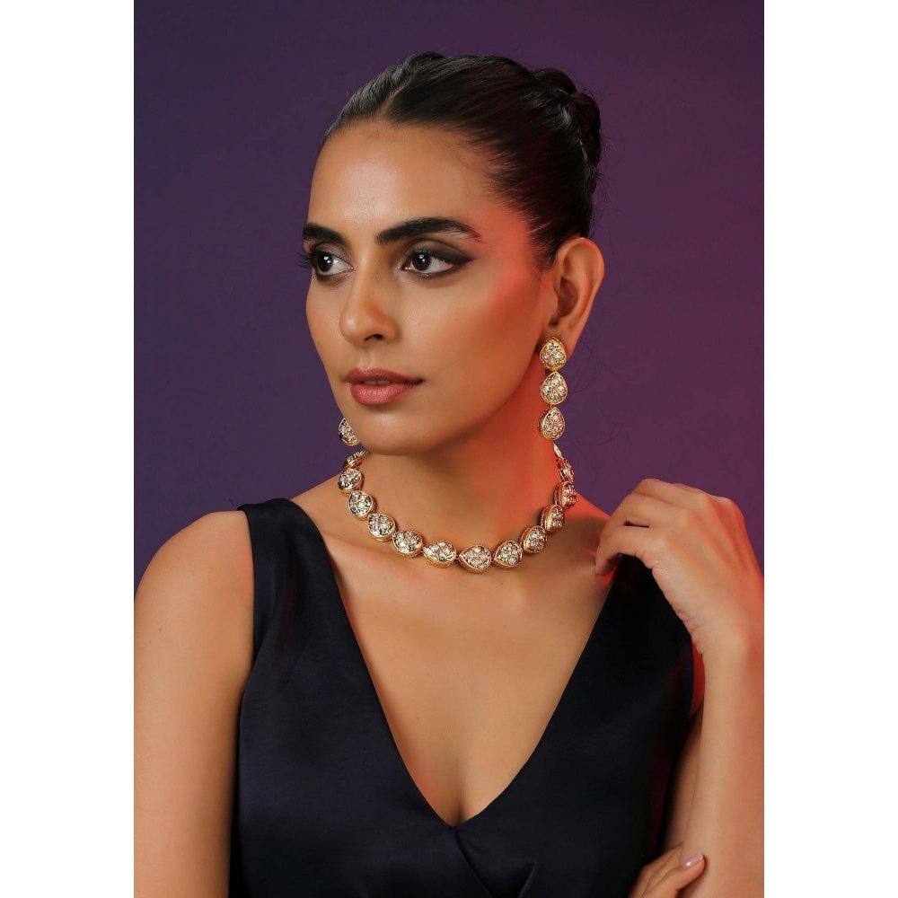 SWABHIMANN Visha Gold Plated Polki Single Line Necklace with Earrings