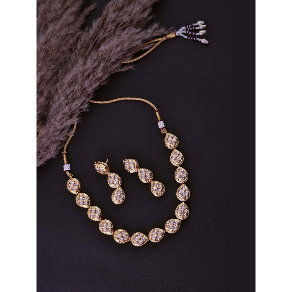 SWABHIMANN Visha Gold Plated Polki Single Line Necklace with Earrings