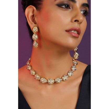 SWABHIMANN Visha Gold Plated Polki Single Line Necklace with Earrings