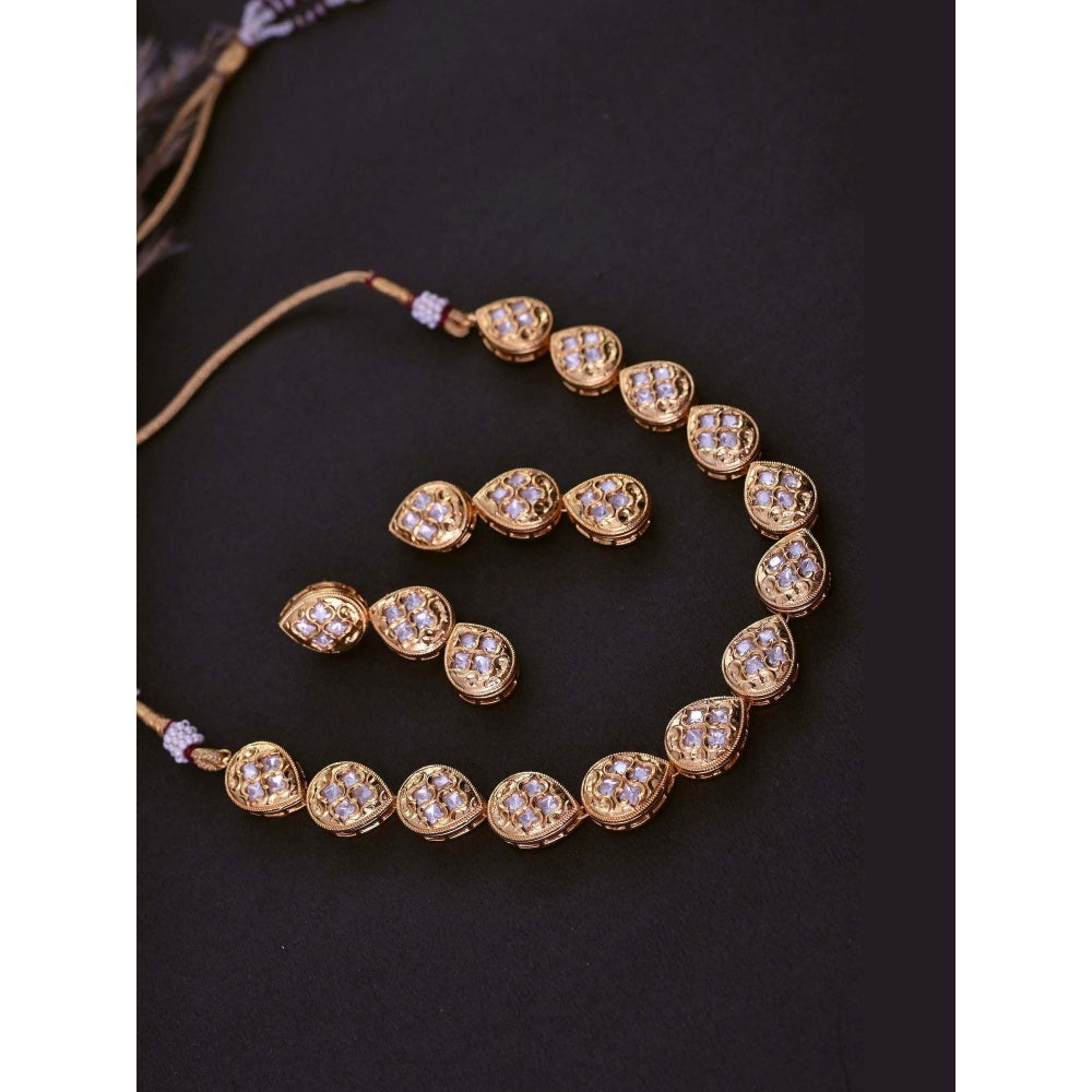 SWABHIMANN Visha Gold Plated Polki Single Line Necklace with Earrings