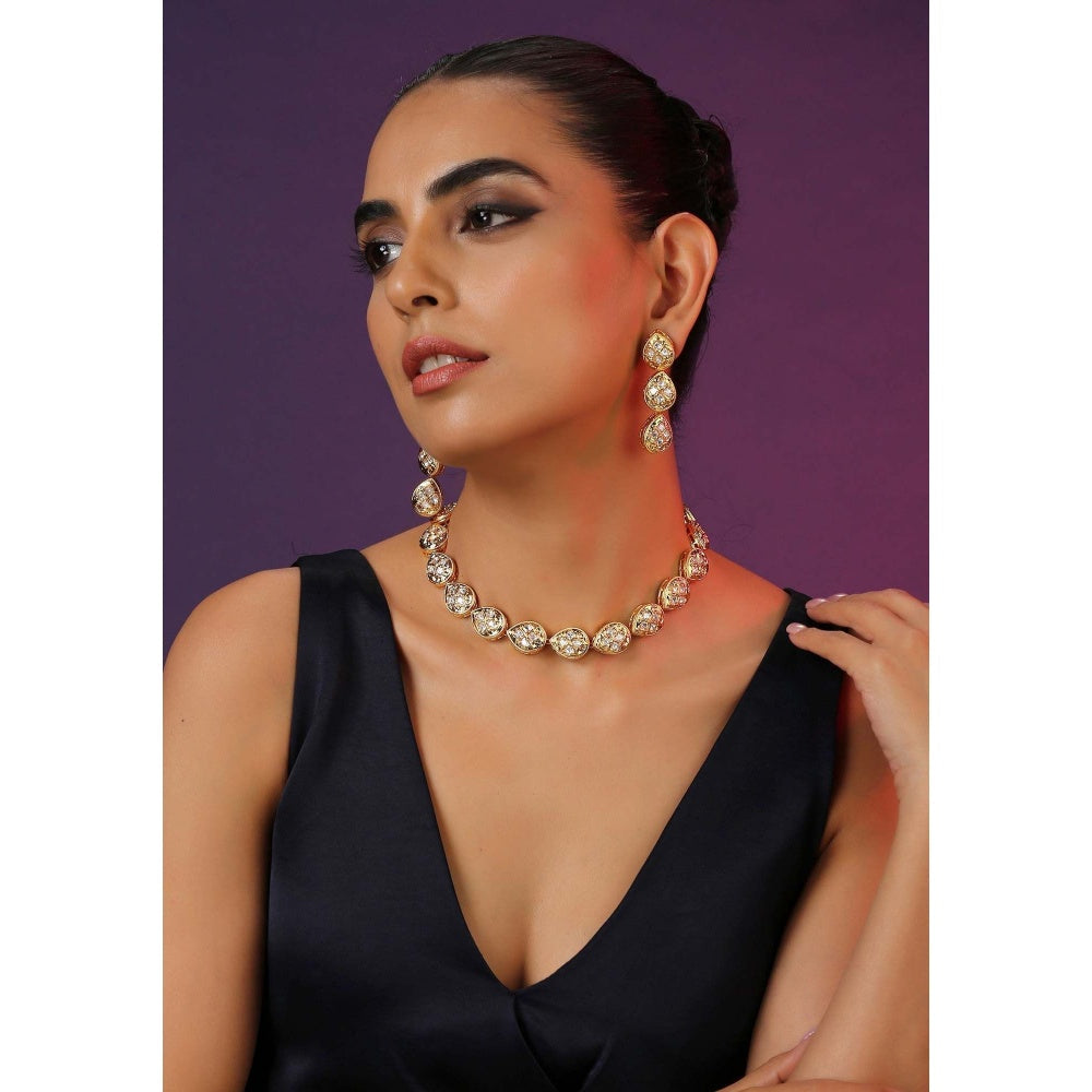 SWABHIMANN Visha Gold Plated Polki Single Line Necklace with Earrings