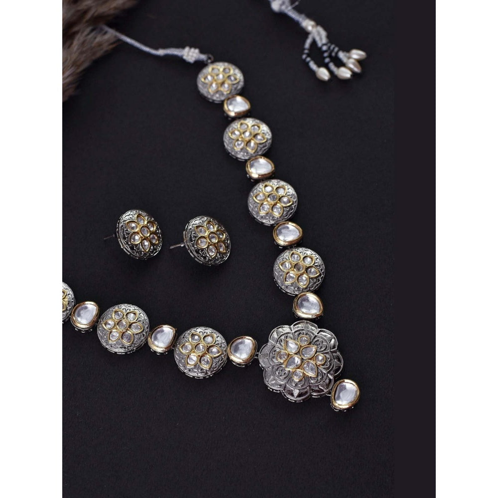 SWABHIMANN Sayoni Silver Plated Polki Necklace with Earrings Set