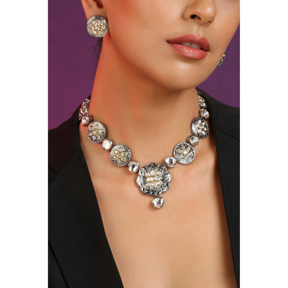 SWABHIMANN Sayoni Silver Plated Polki Necklace with Earrings Set