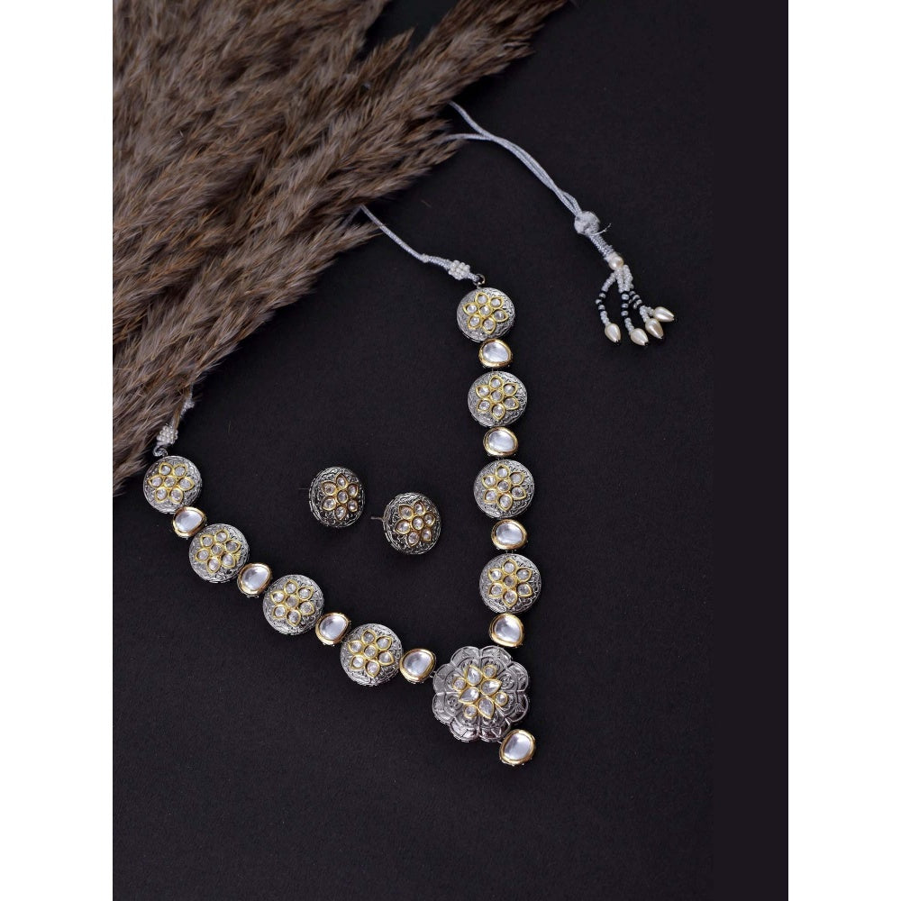 SWABHIMANN Sayoni Silver Plated Polki Necklace with Earrings Set