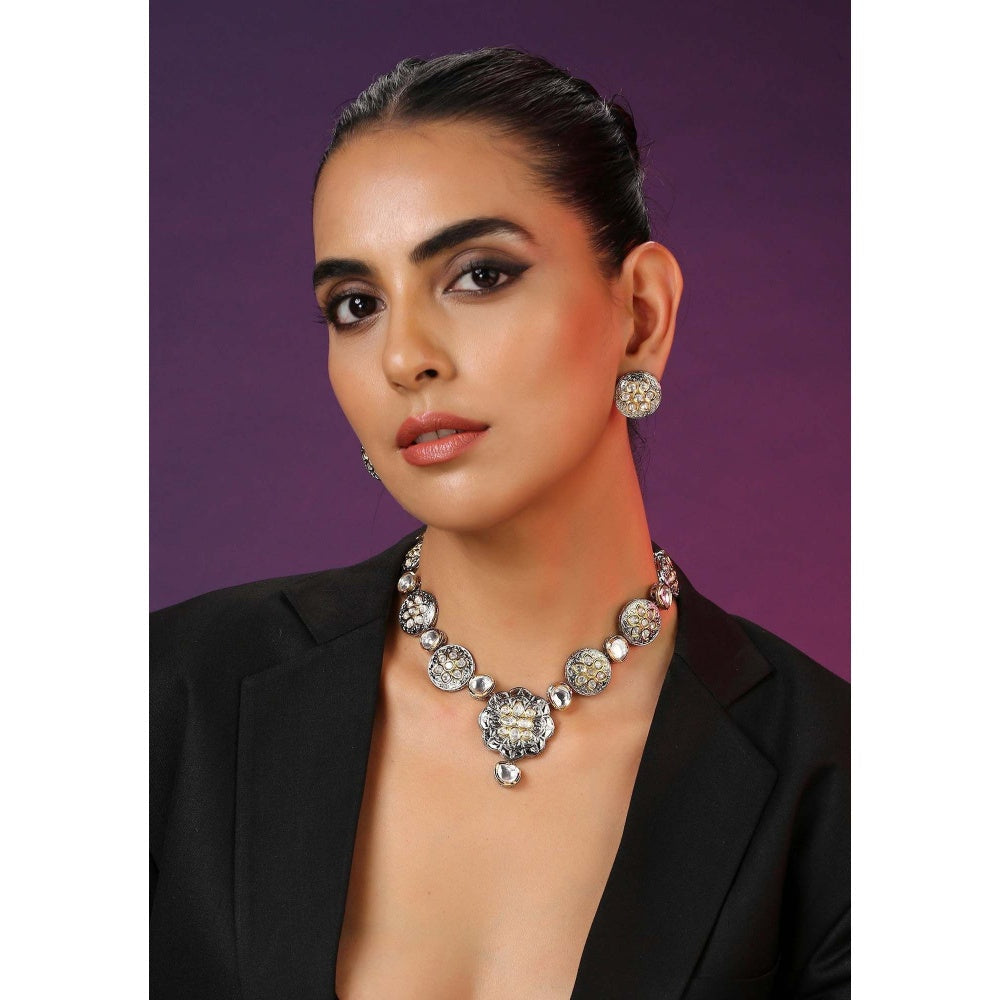 SWABHIMANN Sayoni Silver Plated Polki Necklace with Earrings Set