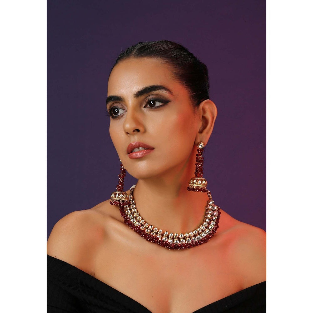 SWABHIMANN Daariya Red Gold Plated Kundan Necklace with Earrings Set