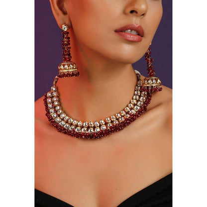 SWABHIMANN Daariya Red Gold Plated Kundan Necklace with Earrings Set