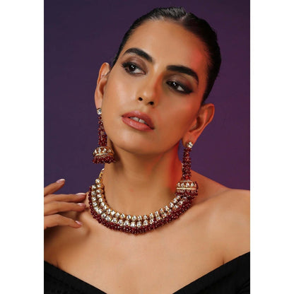 SWABHIMANN Daariya Red Gold Plated Kundan Necklace with Earrings Set