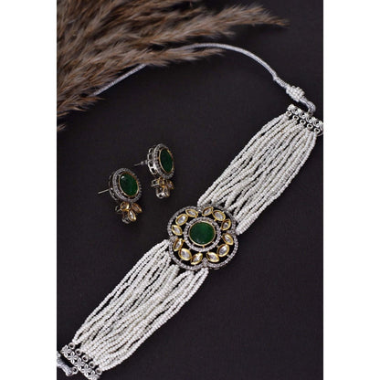 SWABHIMANN Ombre Green Silver Plated Polki Choker Necklace with Earrings Set