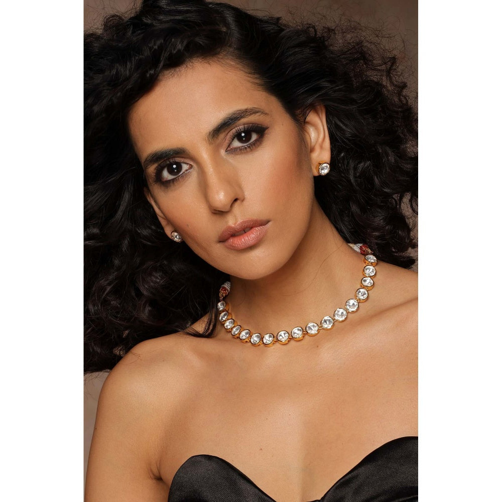 SWABHIMANN Arsh Gold Polki Single Line Necklace with Earrings Set