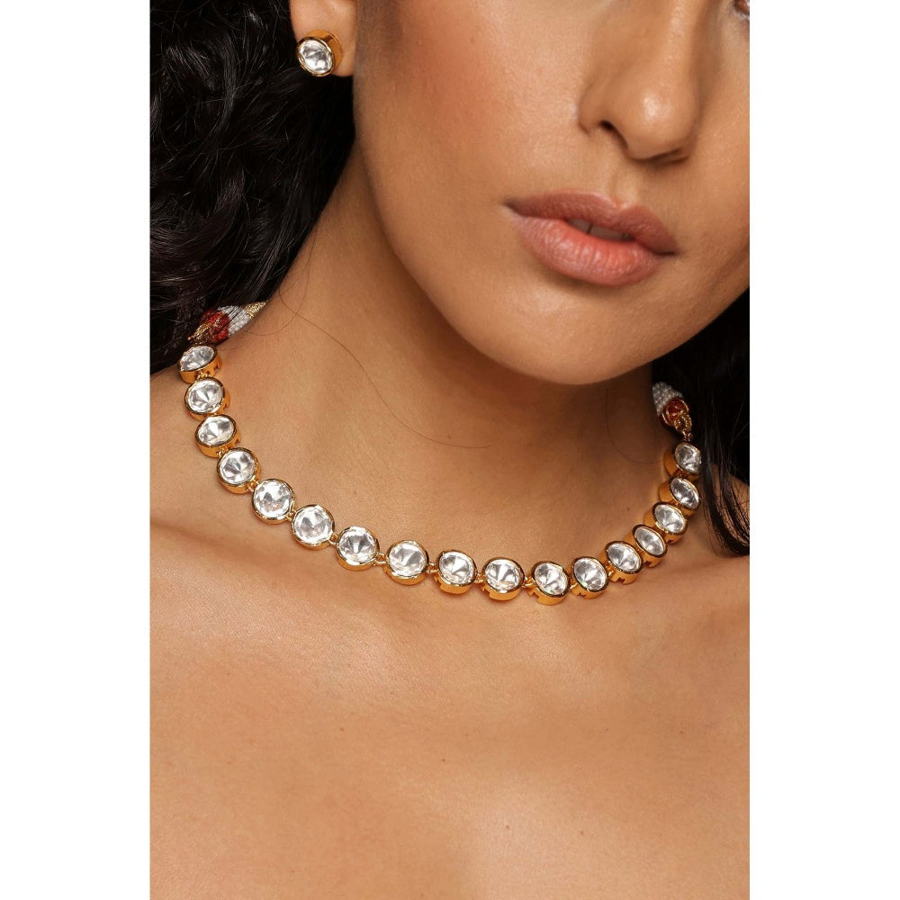 SWABHIMANN Arsh Gold Polki Single Line Necklace with Earrings Set
