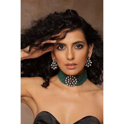 SWABHIMANN Devishi Green Rhodium Plated Choker Necklace with Earrings Set